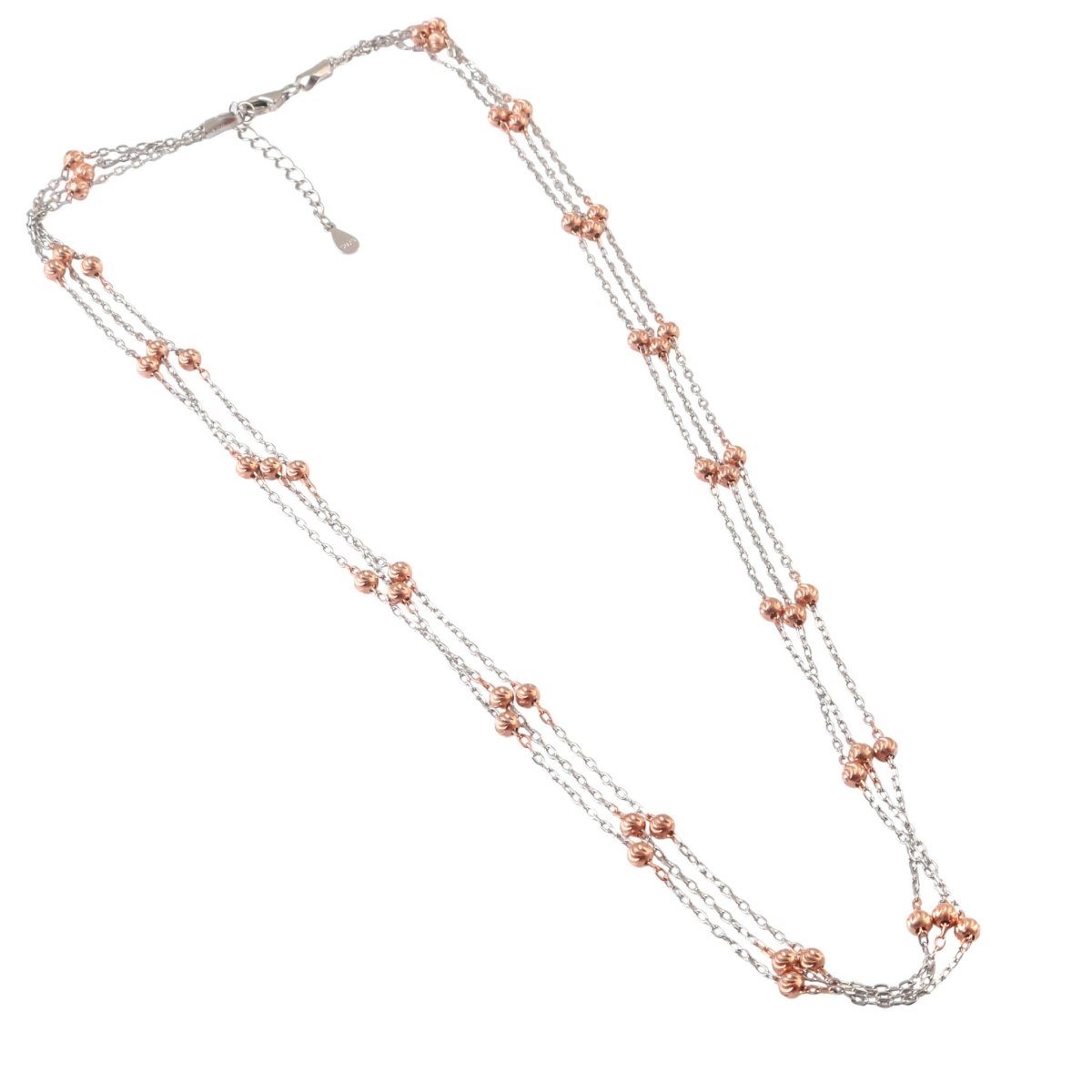 Dual Tone Silver Multi - Layer Beaded Necklace with Rose Gold Accents - Zirak Silver