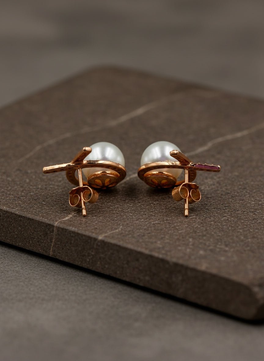 Elegant Rose Gold Crossover Pearl Stud Earrings - Zirak Silver