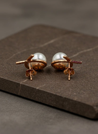Elegant Rose Gold Crossover Pearl Stud Earrings - Zirak Silver