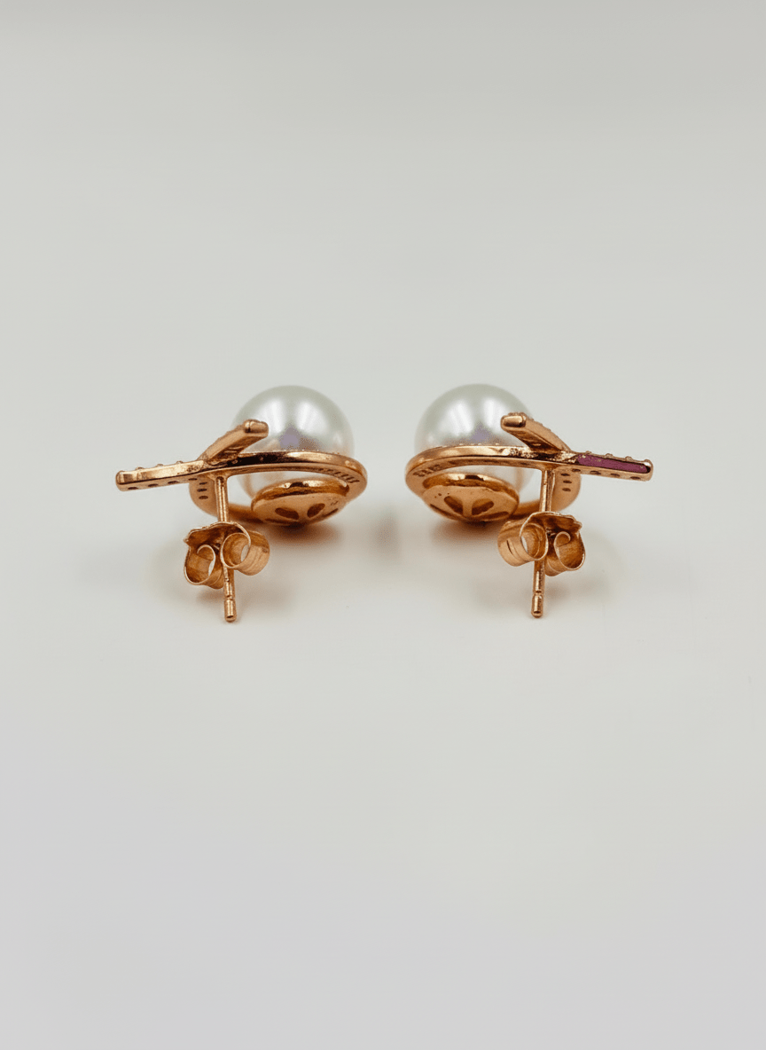 Elegant Rose Gold Crossover Pearl Stud Earrings - Zirak Silver
