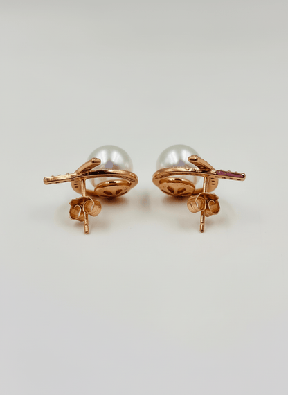 Elegant Rose Gold Crossover Pearl Stud Earrings - Zirak Silver