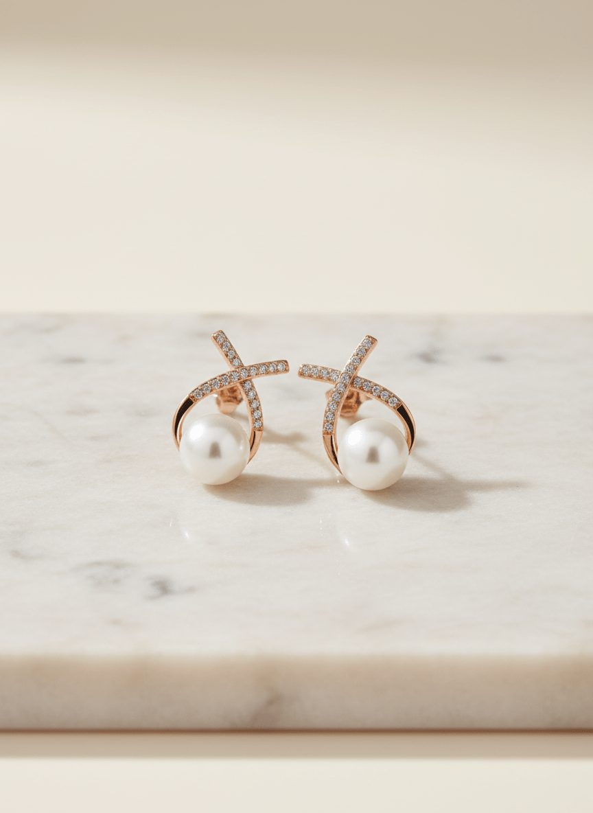 Elegant Rose Gold Crossover Pearl Stud Earrings - Zirak Silver