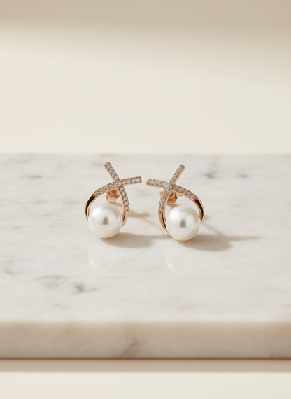 Elegant Rose Gold Crossover Pearl Stud Earrings - Zirak Silver