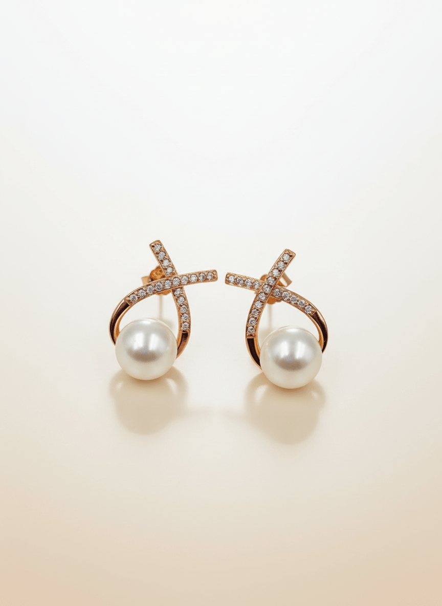 Elegant Rose Gold Crossover Pearl Stud Earrings - Zirak Silver