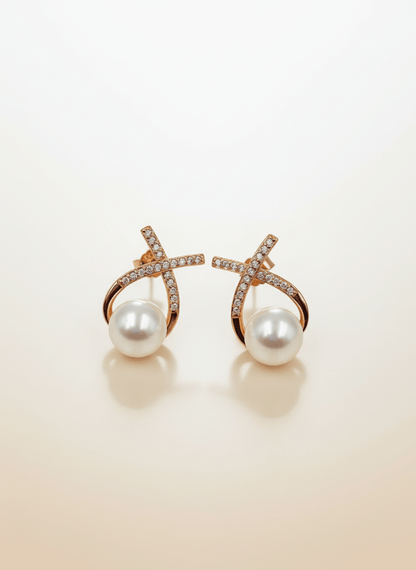 Elegant Rose Gold Crossover Pearl Stud Earrings - Zirak Silver