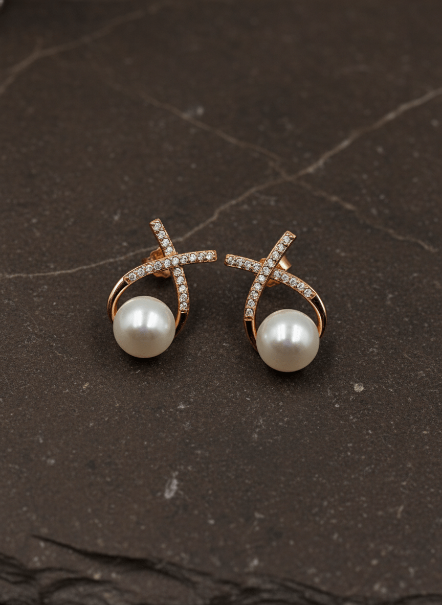 Elegant Rose Gold Crossover Pearl Stud Earrings - Zirak Silver