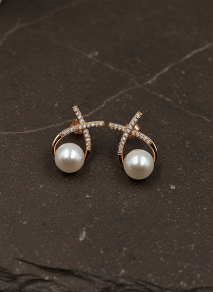 Elegant Rose Gold Crossover Pearl Stud Earrings - Zirak Silver