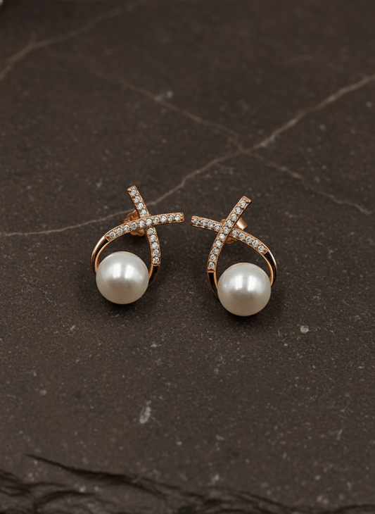 Elegant Rose Gold Crossover Pearl Stud Earrings - Zirak Silver