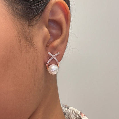 Elegant Rose Gold Crossover Pearl Stud Earrings - Zirak Silver