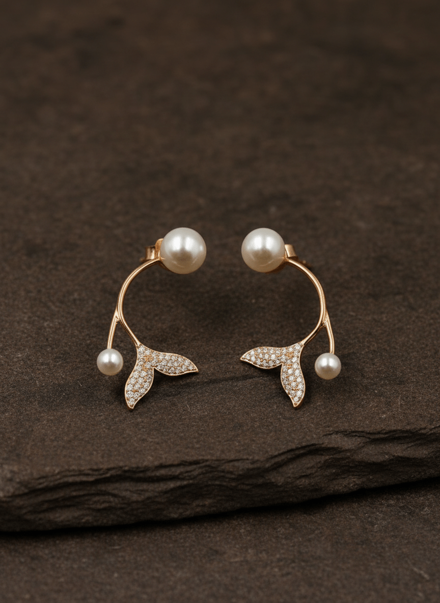 Elegant Rose Gold Leaf Vine Pearl Earrings - Zirak Silver