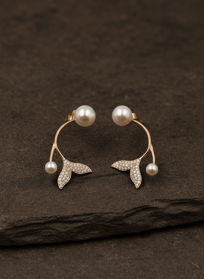 Elegant Rose Gold Leaf Vine Pearl Earrings - Zirak Silver