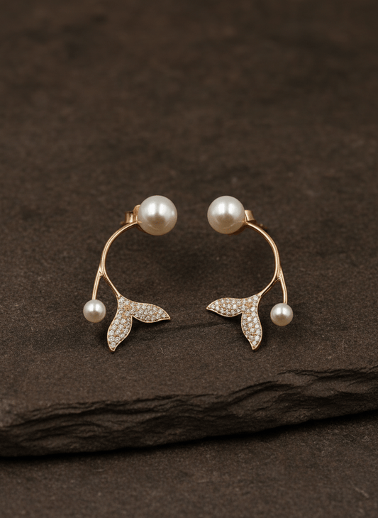 Elegant Rose Gold Leaf Vine Pearl Earrings - Zirak Silver