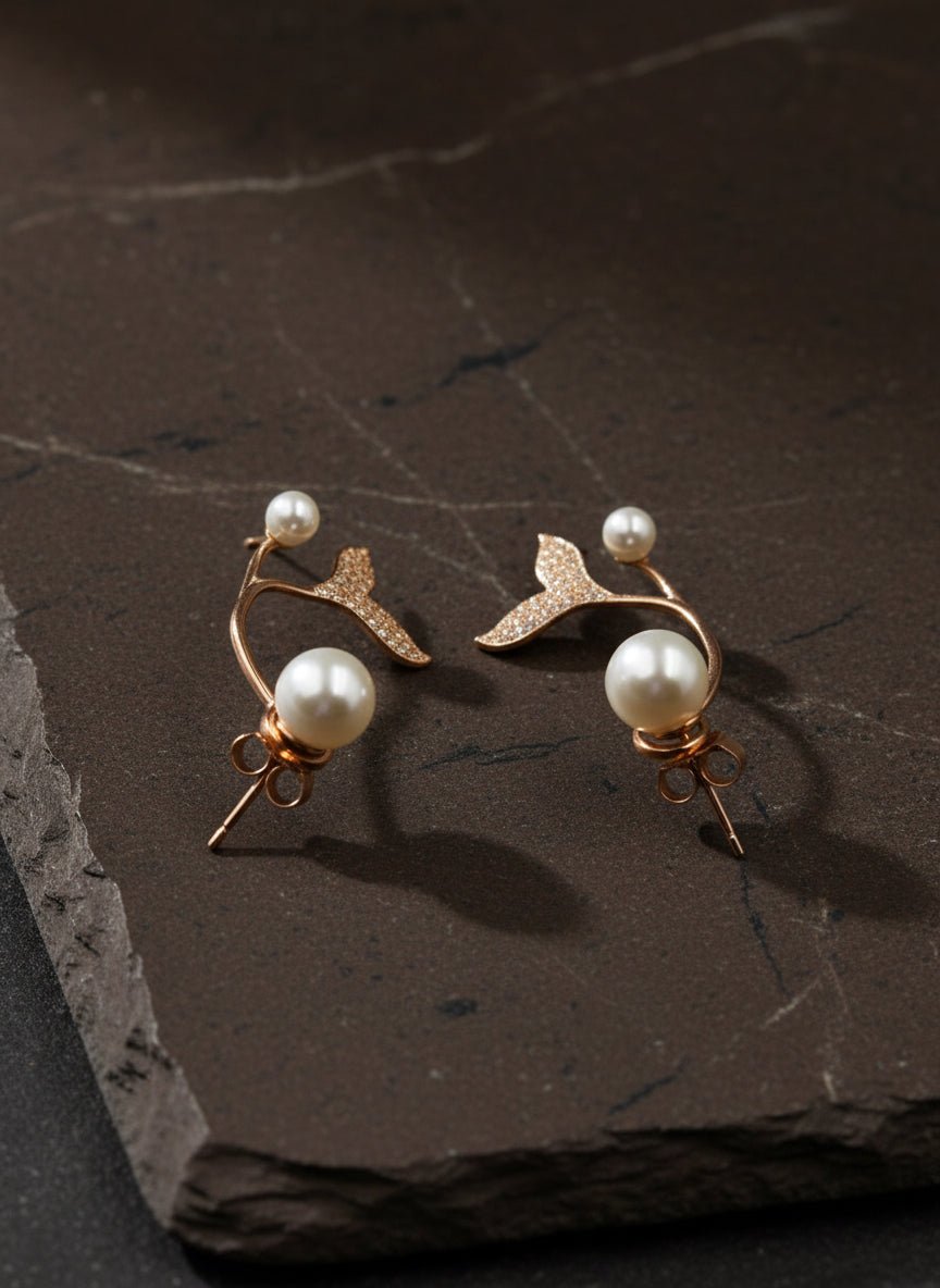 Elegant Rose Gold Leaf Vine Pearl Earrings - Zirak Silver