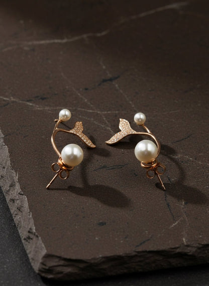 Elegant Rose Gold Leaf Vine Pearl Earrings - Zirak Silver