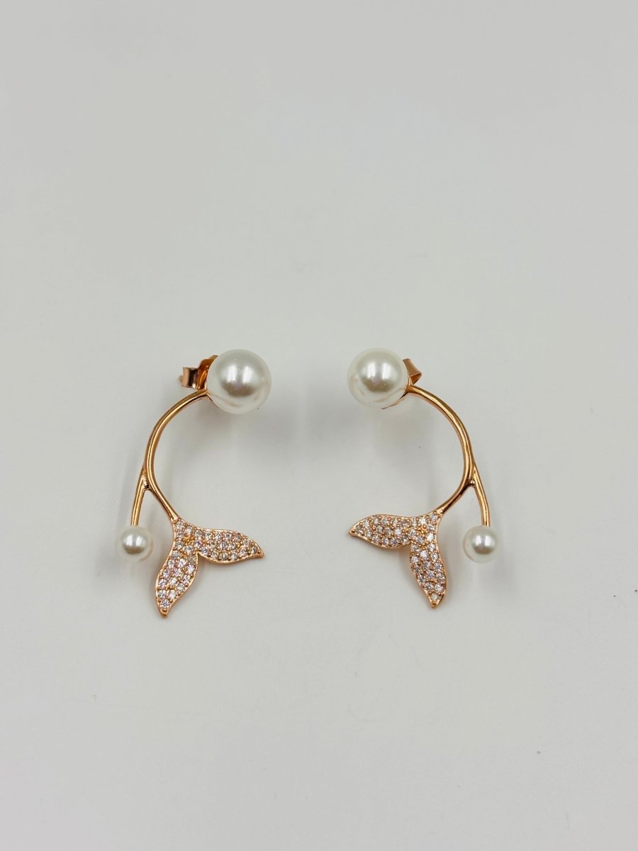 Elegant Rose Gold Leaf Vine Pearl Earrings - Zirak Silver