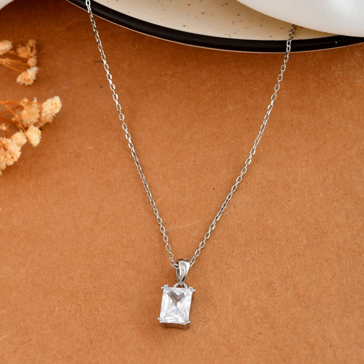 Emerald - Cut Clear CZ Solitaire Pendant in Sterling Silver – Minimalist Necklace - Zirak Silver