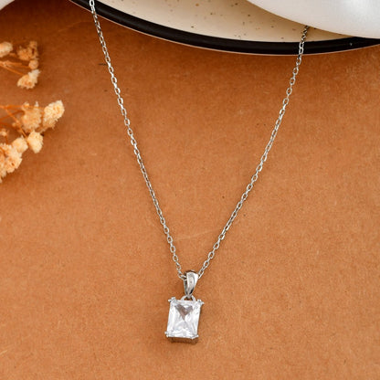Emerald - Cut Clear CZ Solitaire Pendant in Sterling Silver – Minimalist Necklace - Zirak Silver