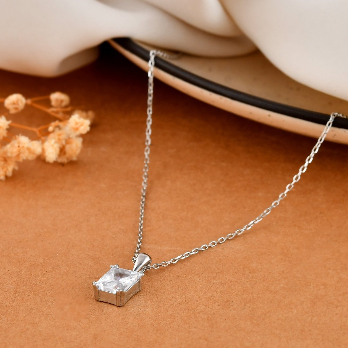 Emerald - Cut Clear CZ Solitaire Pendant in Sterling Silver – Minimalist Necklace - Zirak Silver