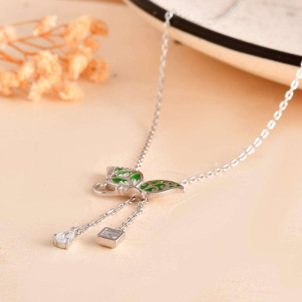 Emerald - Green Butterfly Y - Lariat – Hand - Enamelled Sterling - Silver Necklace - Zirak Silver