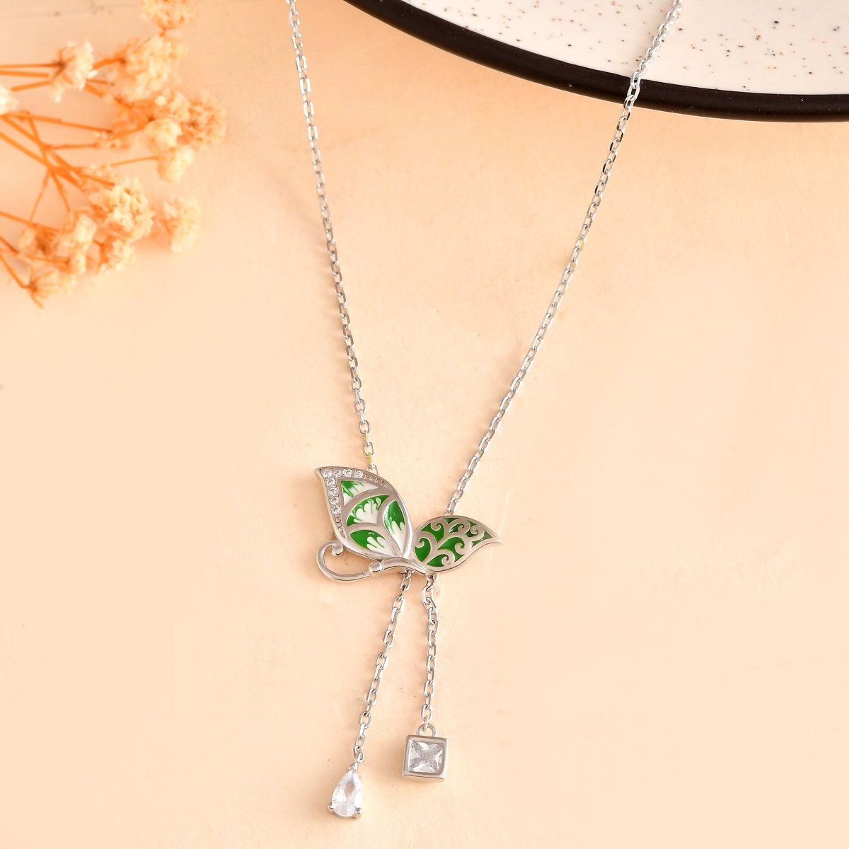 Emerald - Green Butterfly Y - Lariat – Hand - Enamelled Sterling - Silver Necklace - Zirak Silver