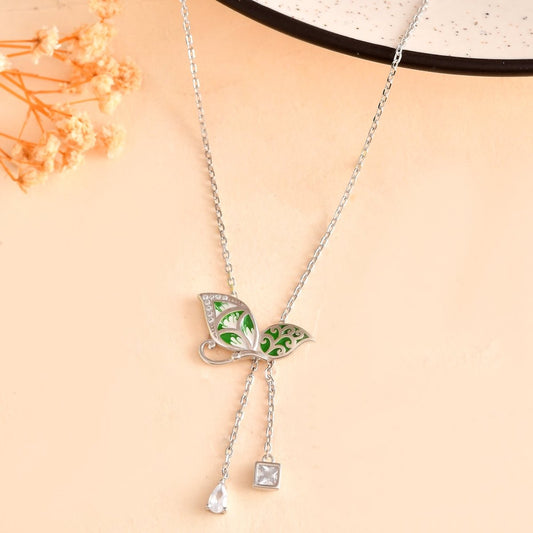 Emerald - Green Butterfly Y - Lariat – Hand - Enamelled Sterling - Silver Necklace - Zirak Silver