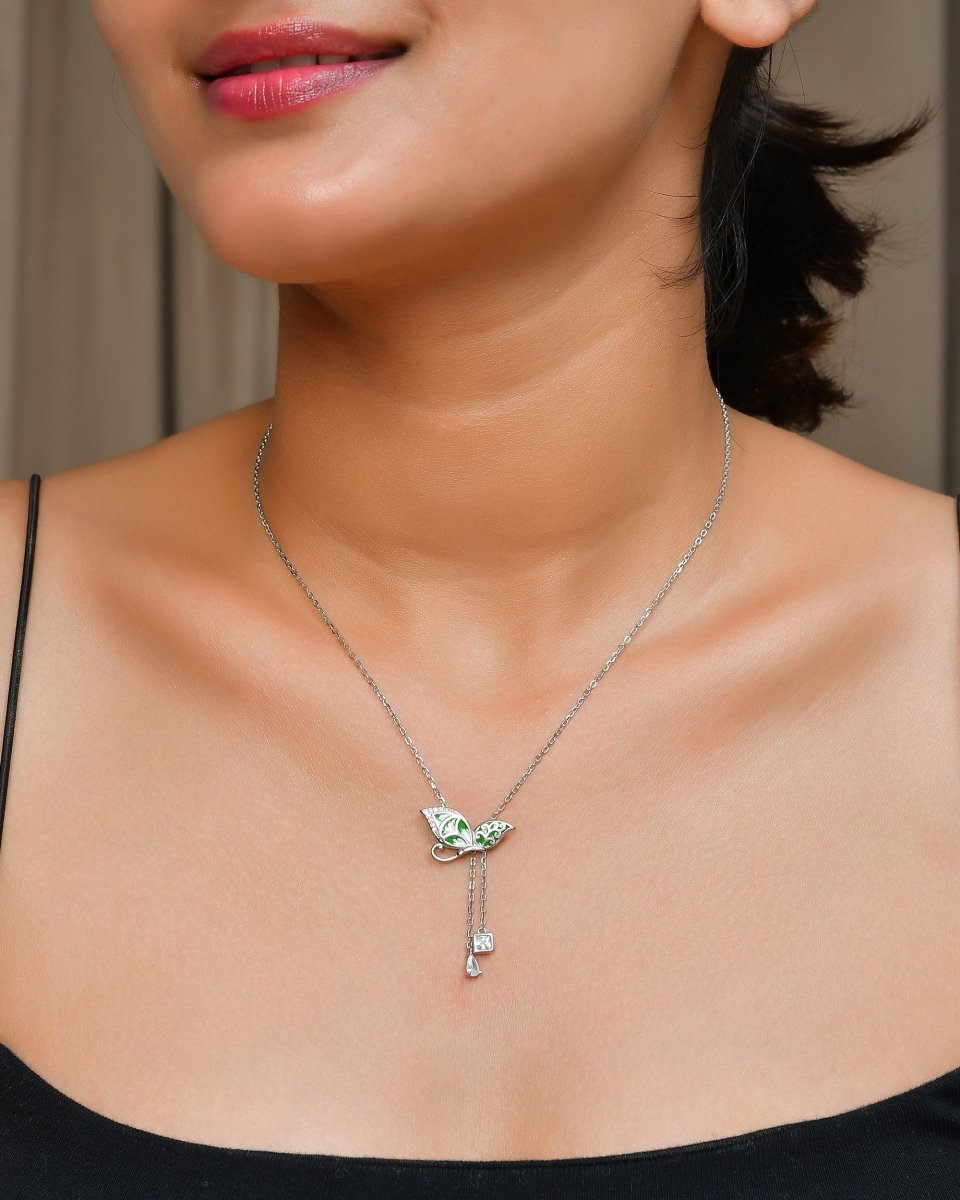 Emerald - Green Butterfly Y - Lariat – Hand - Enamelled Sterling - Silver Necklace - Zirak Silver