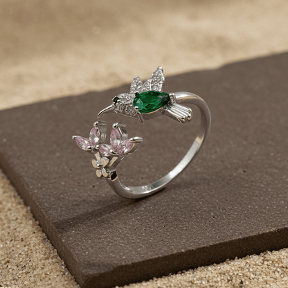Emerald Hummingbird & Blossom Silver Ring - Zirak Silver