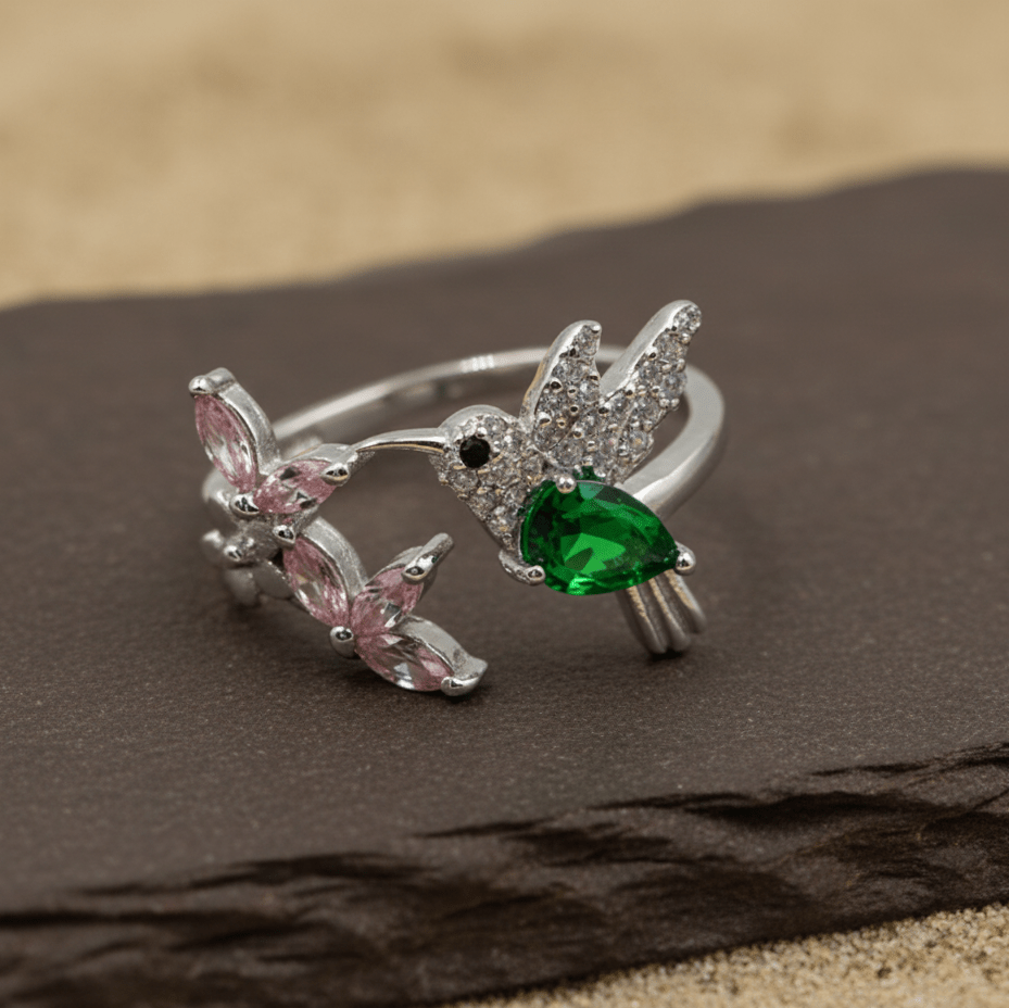 Emerald Hummingbird & Blossom Silver Ring - Zirak Silver