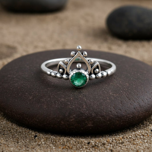 Emerald Lotus Crown Ring - Zirak Silver