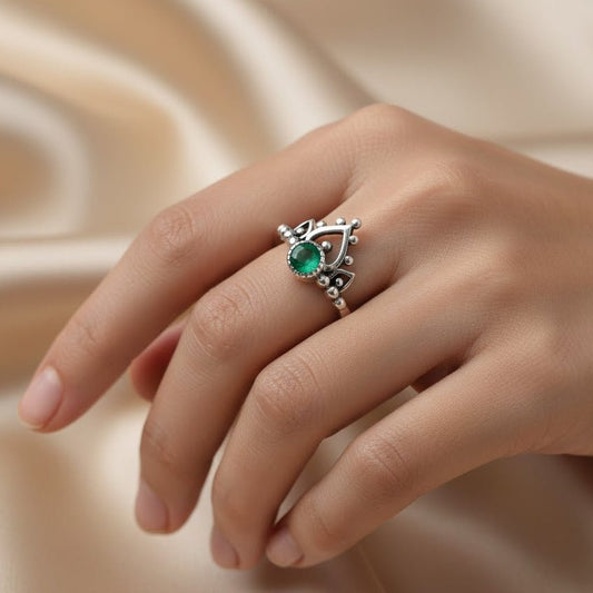 Emerald Lotus Crown Ring - Zirak Silver