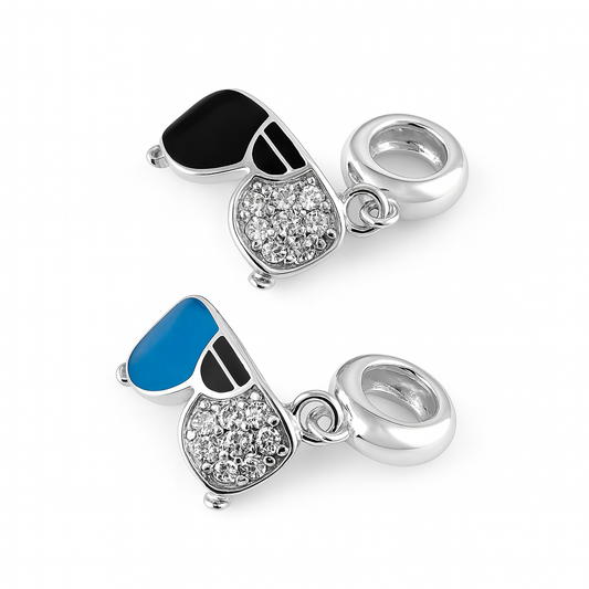 Sterling Silver Sunglasses Charm – Blue & Black Enamel with Crystal Accents