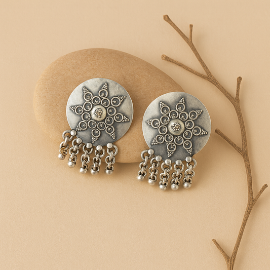 Sharvani Earrings – Oxidised 925 Silver Sunburst Stud Earrings with Ghungroo Drops