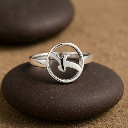 Minimalist Bird in Circle Sterling Silver Ring