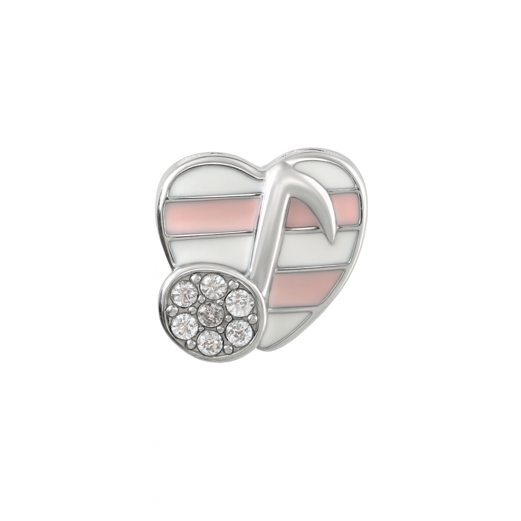 Striped Heart Musical Note Charm in Sterling Silver – Red & White Enamel with CZ Accents