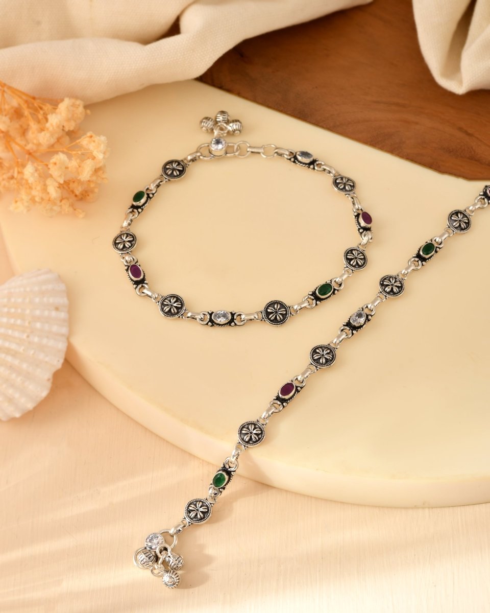 Floral Coin Link Anklet - Zirak Silver