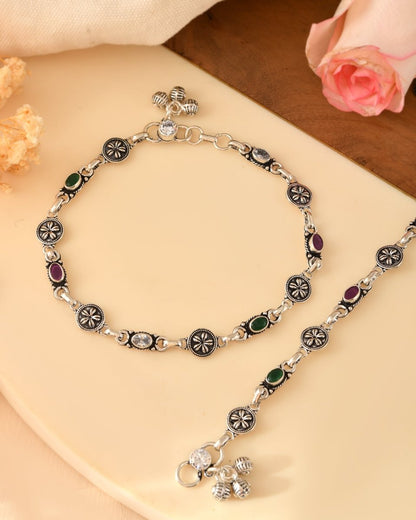 Floral Coin Link Anklet - Zirak Silver