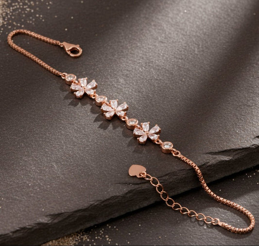 Floral CZ 925 Silver Rose Gold Adjustable Bracelet - Zirak Silver