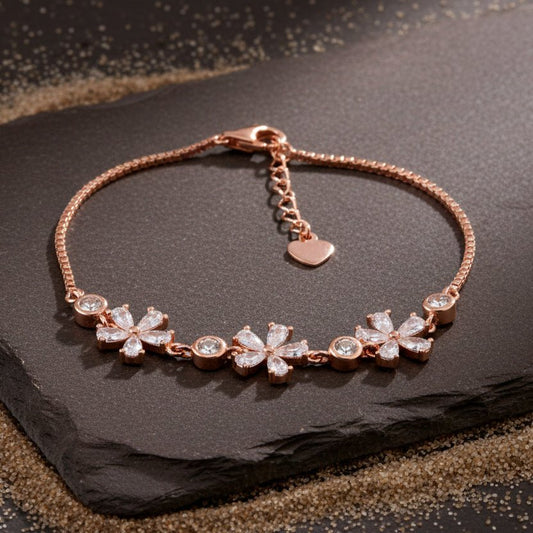 Floral CZ 925 Silver Rose Gold Adjustable Bracelet - Zirak Silver