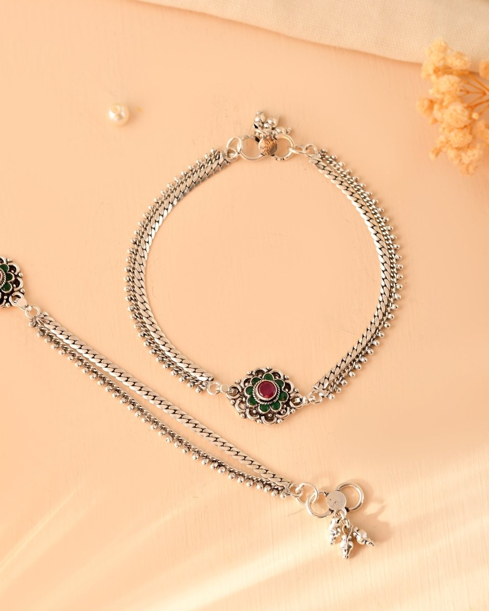 Floral Green Stone Dual Chain Anklet - Zirak Silver