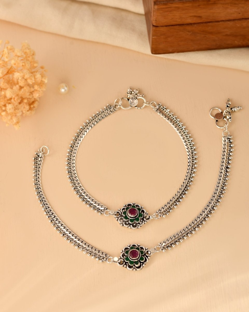 Floral Green Stone Dual Chain Anklet - Zirak Silver