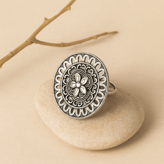 Floral Lattice Oxidised Ring - Zirak Silver