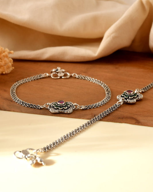 Floral Ruby Green Double Chain Anklet - Zirak Silver