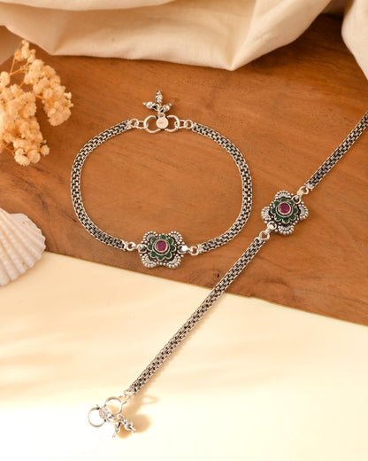 Floral Ruby Green Double Chain Anklet - Zirak Silver