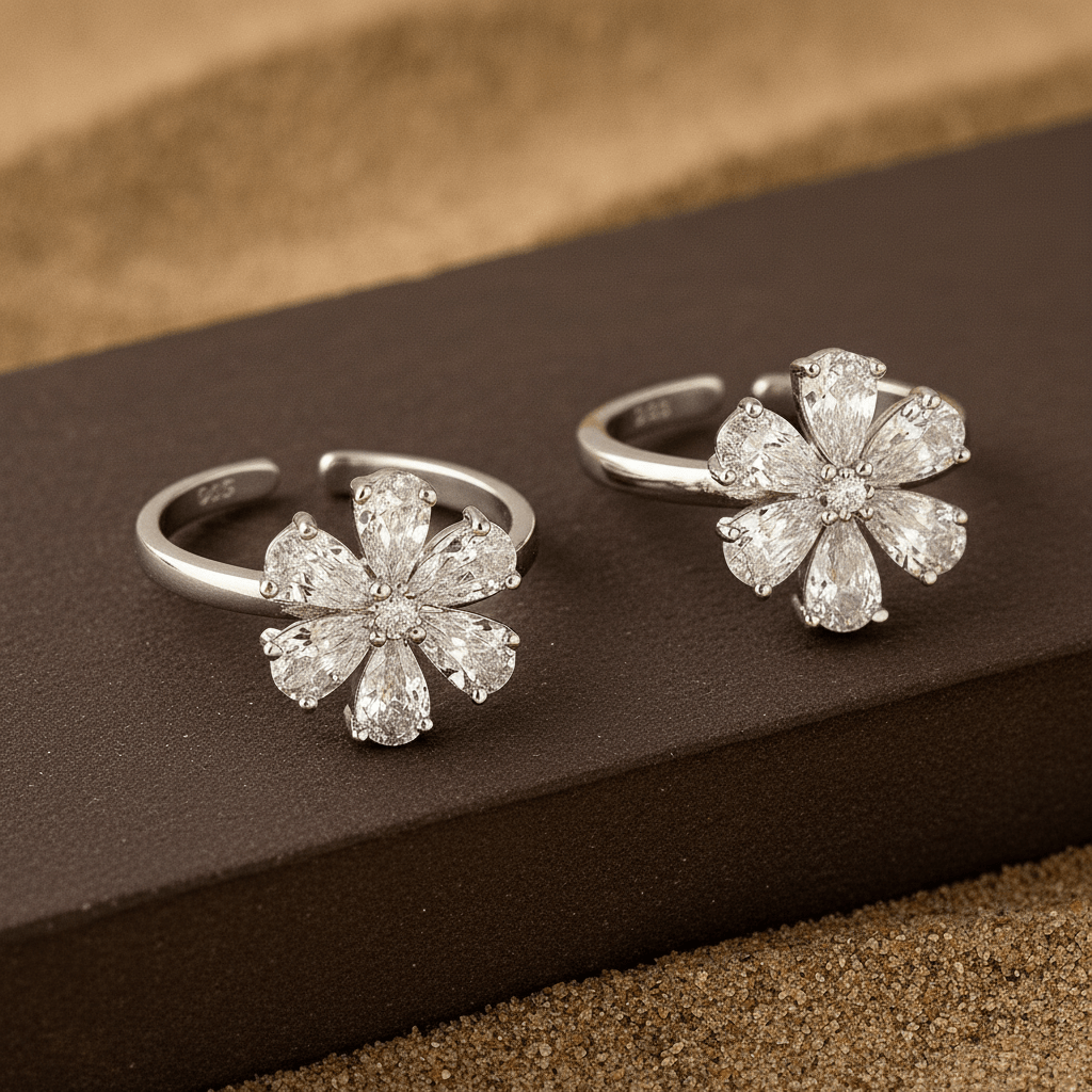 Floral Sparkle Silver Toe Ring | 925 Sterling Silver Adjustable Flower Crystal Toe Ring for Women - Zirak Silver