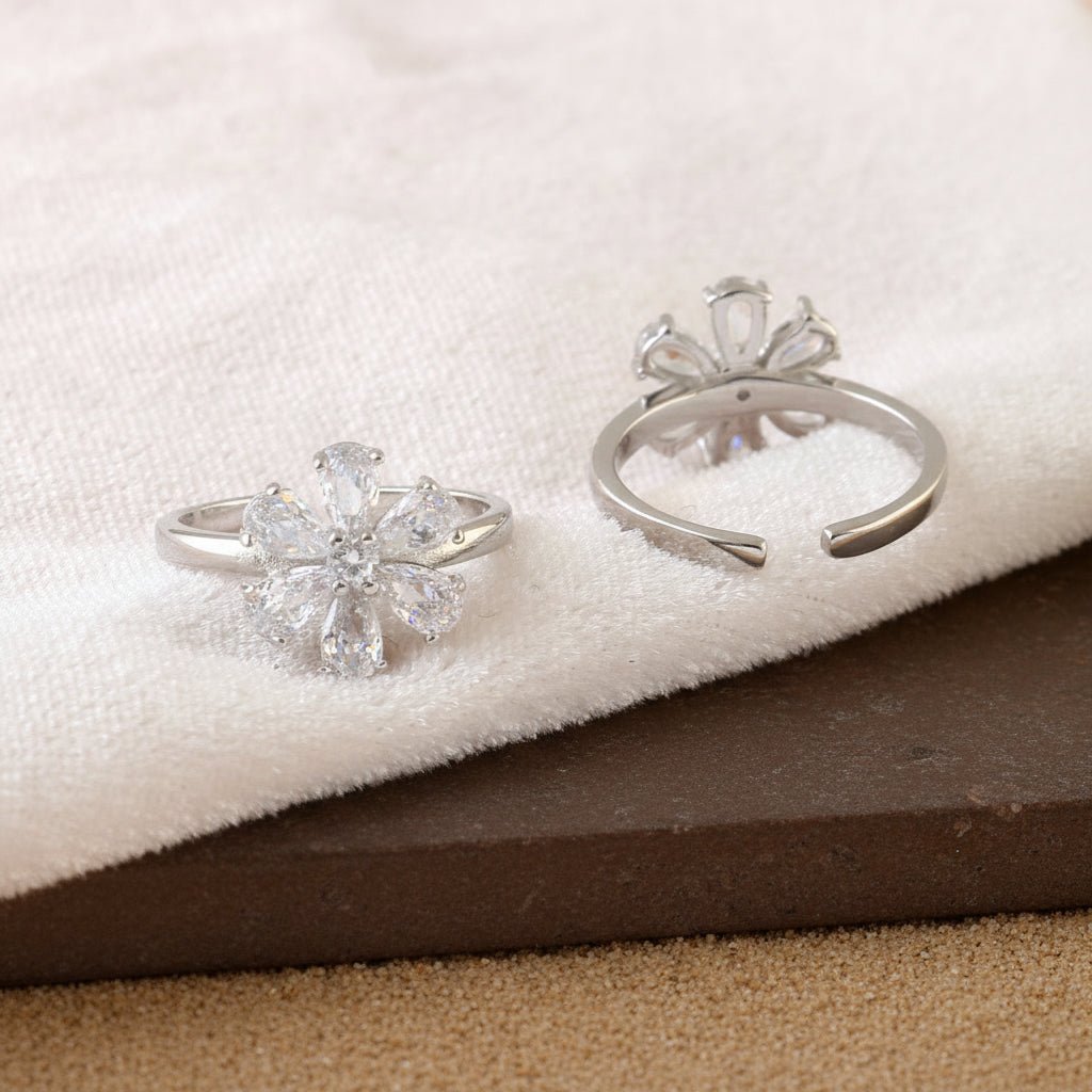 Floral Sparkle Silver Toe Ring | 925 Sterling Silver Adjustable Flower Crystal Toe Ring for Women - Zirak Silver