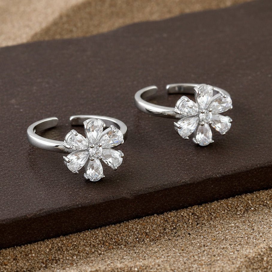 Floral Sparkle Silver Toe Ring | 925 Sterling Silver Adjustable Flower Crystal Toe Ring for Women - Zirak Silver