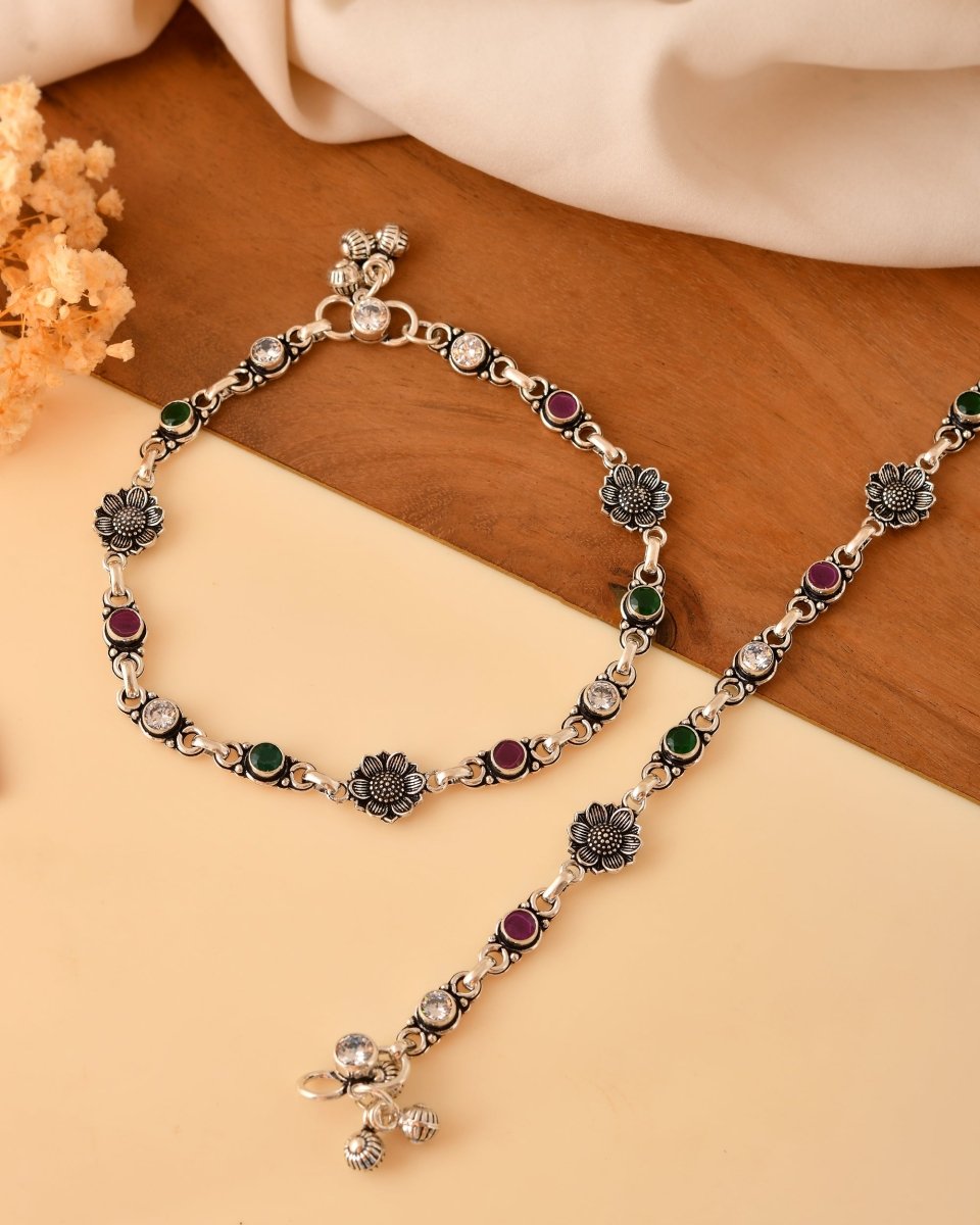 Floral Stone Anklet Pair with Ruby Green - Zirak Silver