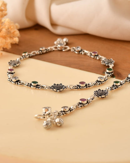 Floral Stone Anklet Pair with Ruby Green - Zirak Silver