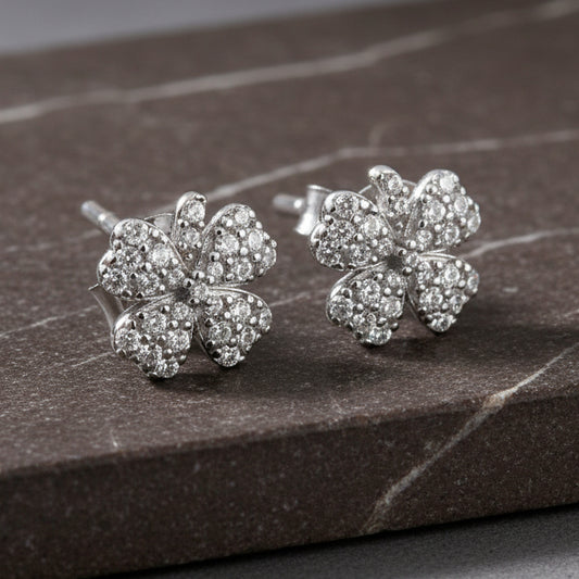 Four Leaf Clover Silver Stud Earrings – Dainty Lucky Charm Earrings with Sparkling CZ Stones - Zirak Silver