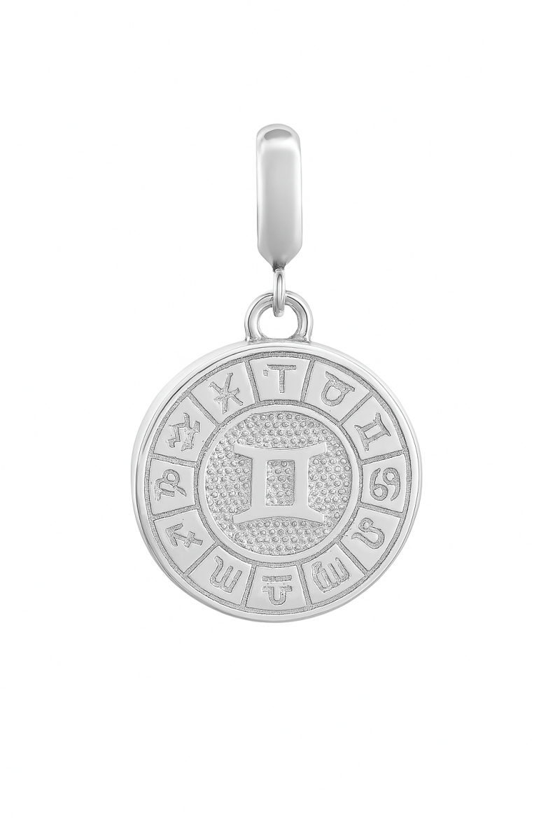 Gemini Zodiac Charm in Sterling Silver – Dual - Sided Pendant with Blue Enamel - Zirak Silver